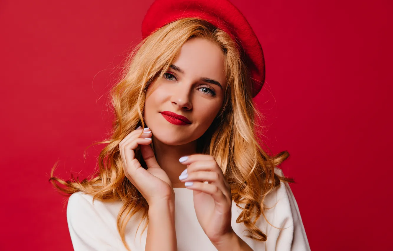 Photo wallpaper portrait, curls, makeup, girl, blonde, gesture, face