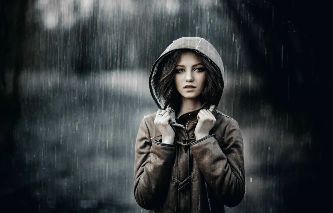 Photo wallpaper look, girl, drops, rain, model, ring, hood, brown hair