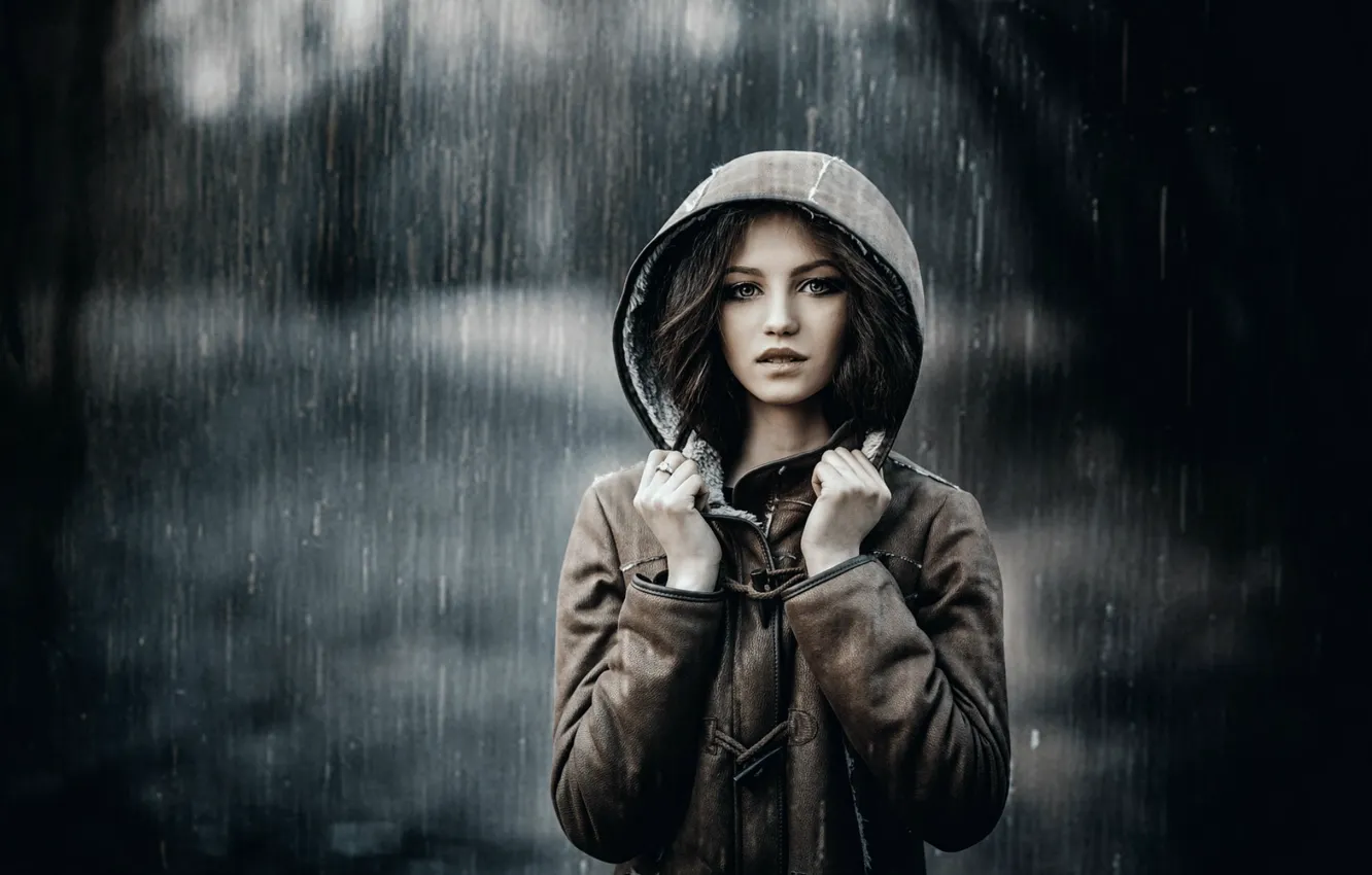 Photo wallpaper look, girl, drops, rain, model, ring, hood, gentle