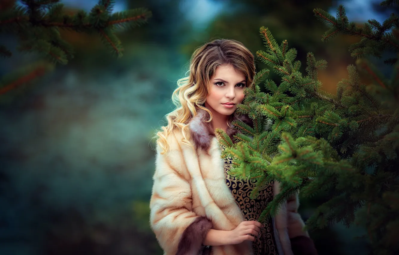 Photo wallpaper look, girl, branches, tree, spruce, makeup, coat, tree