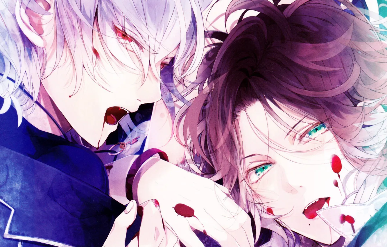 Photo wallpaper blood, key, fangs, vampires, red eyes, white hair, green eyes, Diabolik Lovers