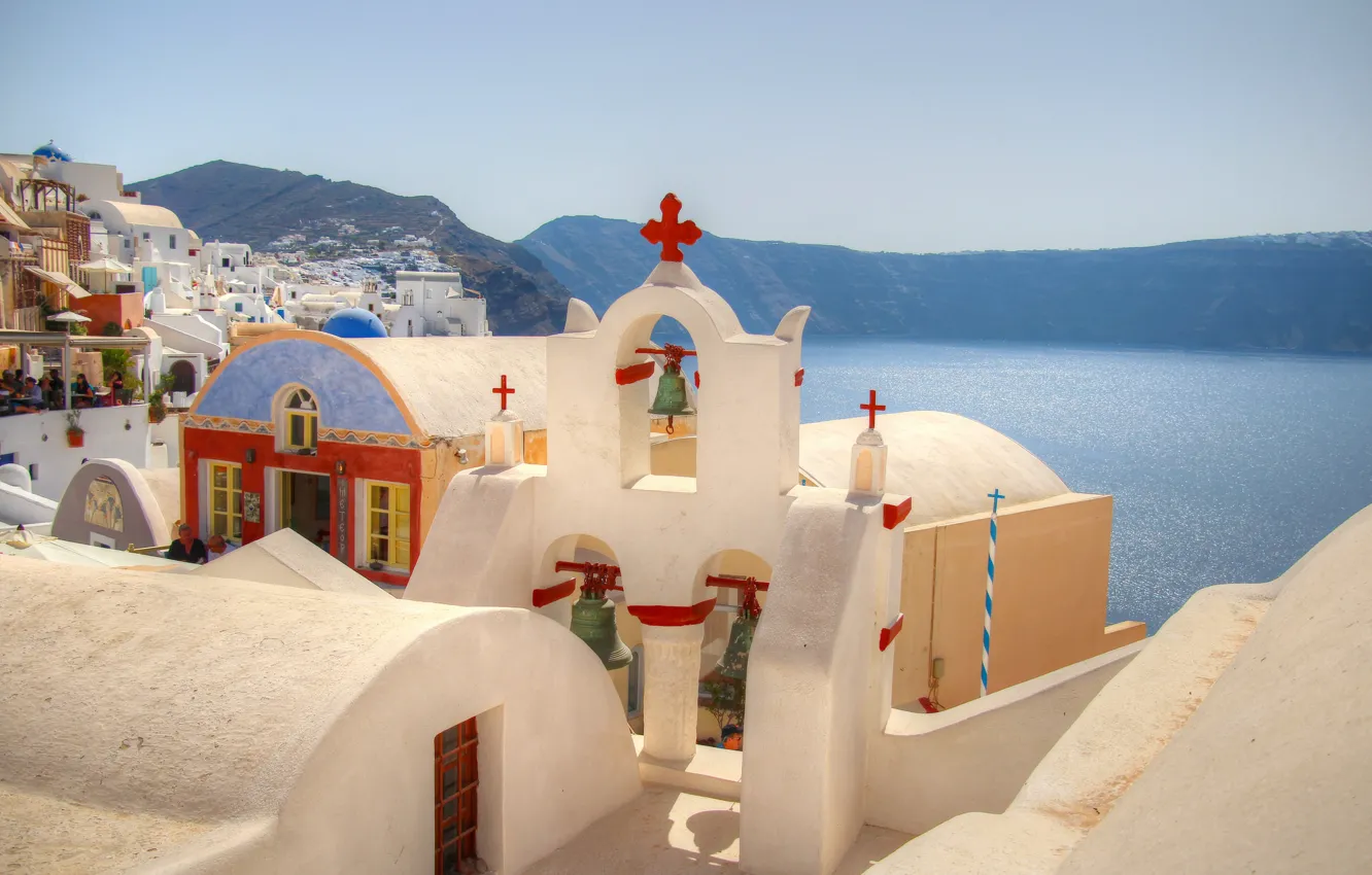 Photo wallpaper sea, the sky, mountains, home, Santorini, Greece, Church