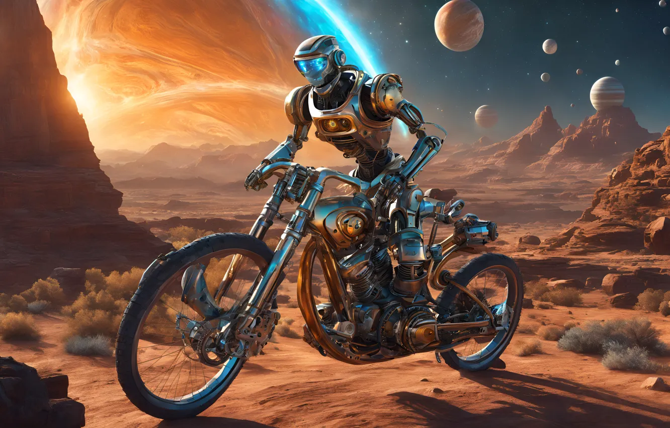 Photo wallpaper the sky, space, mountains, rocks, desert, planet, planet, robot