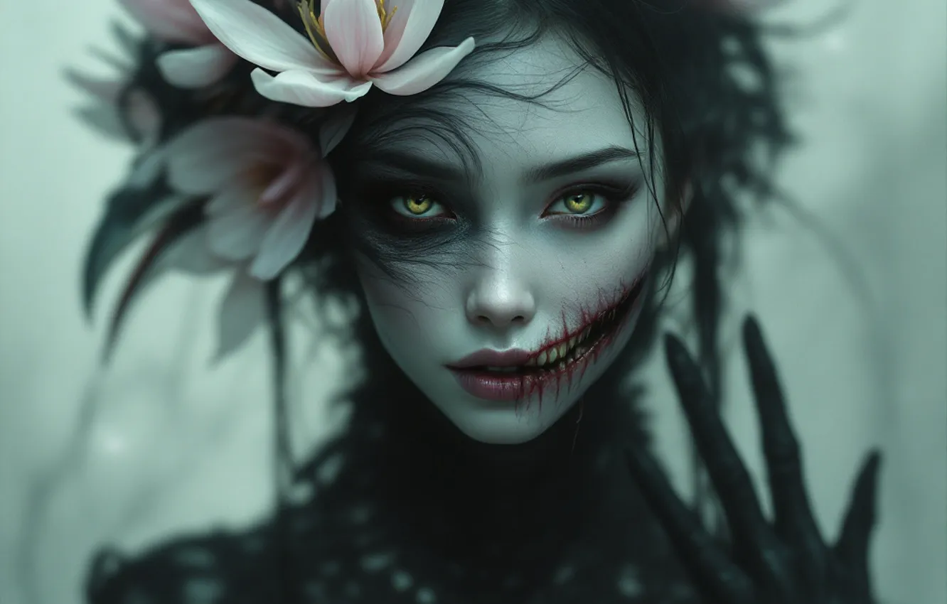 Photo wallpaper look, flowers, portrait, teeth, mouth, hands, brunette, in black