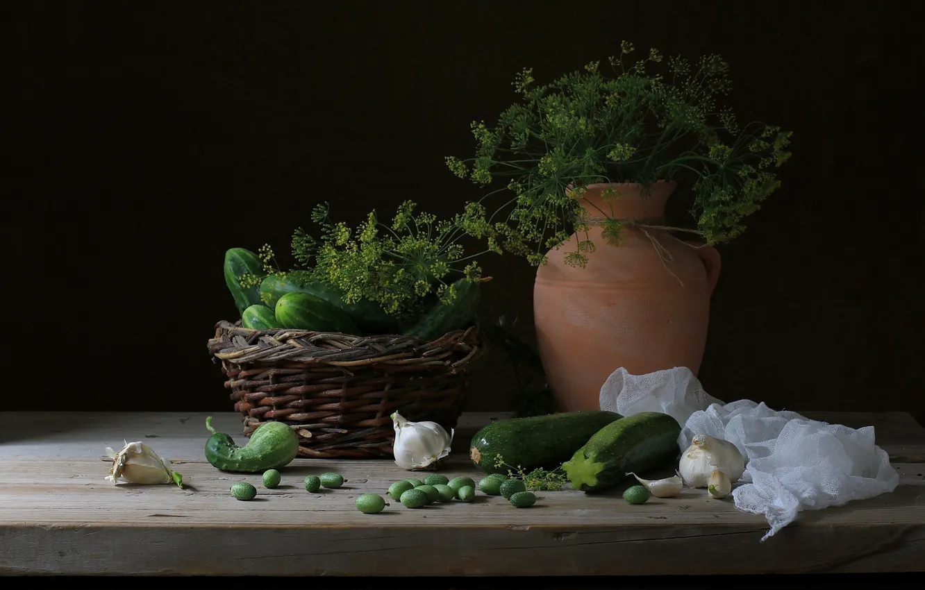 Photo wallpaper dill, pitcher, cucumbers, garlic, zucchini
