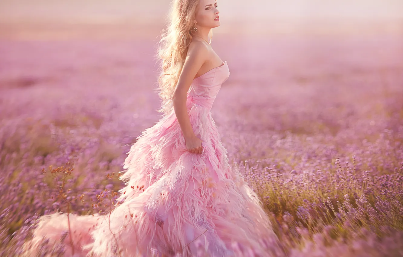 Photo wallpaper model, dress, meadow, lavender