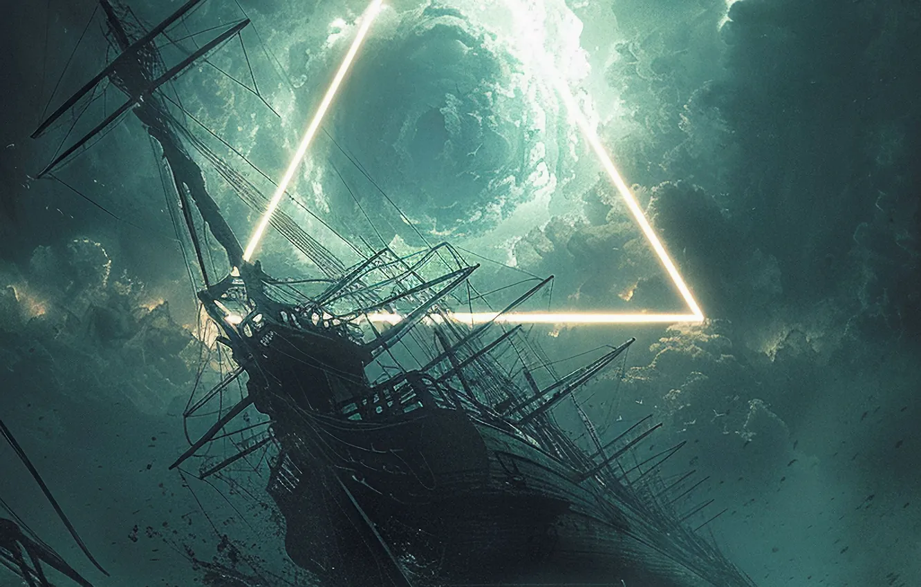 Photo wallpaper Sea, Wave, Clouds, Sailboat, The portal, Digital art, AI art, The Art of Artificial Intelligence
