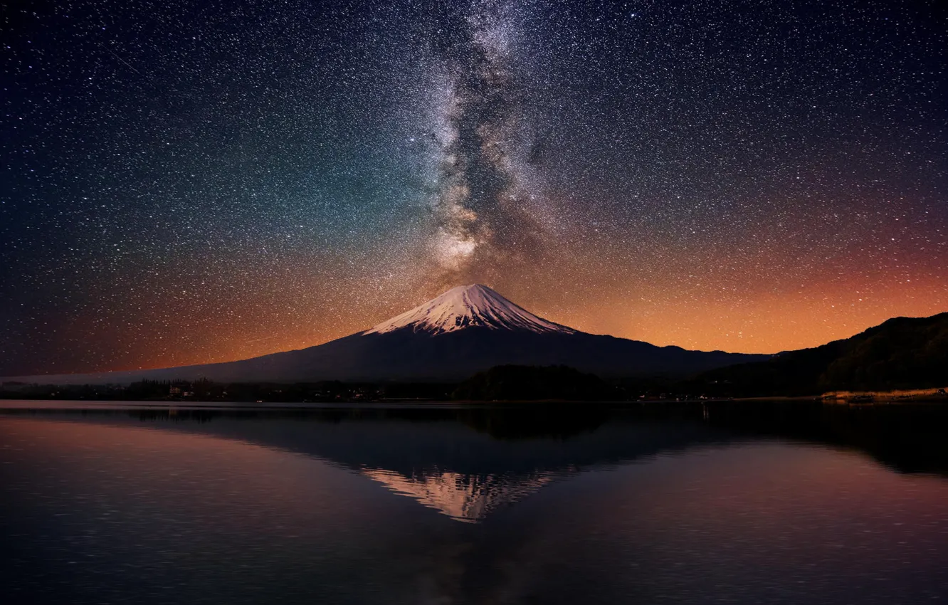 Photo wallpaper stars, mountains, night, lake, reflection, the volcano, New Zealand, the milky way