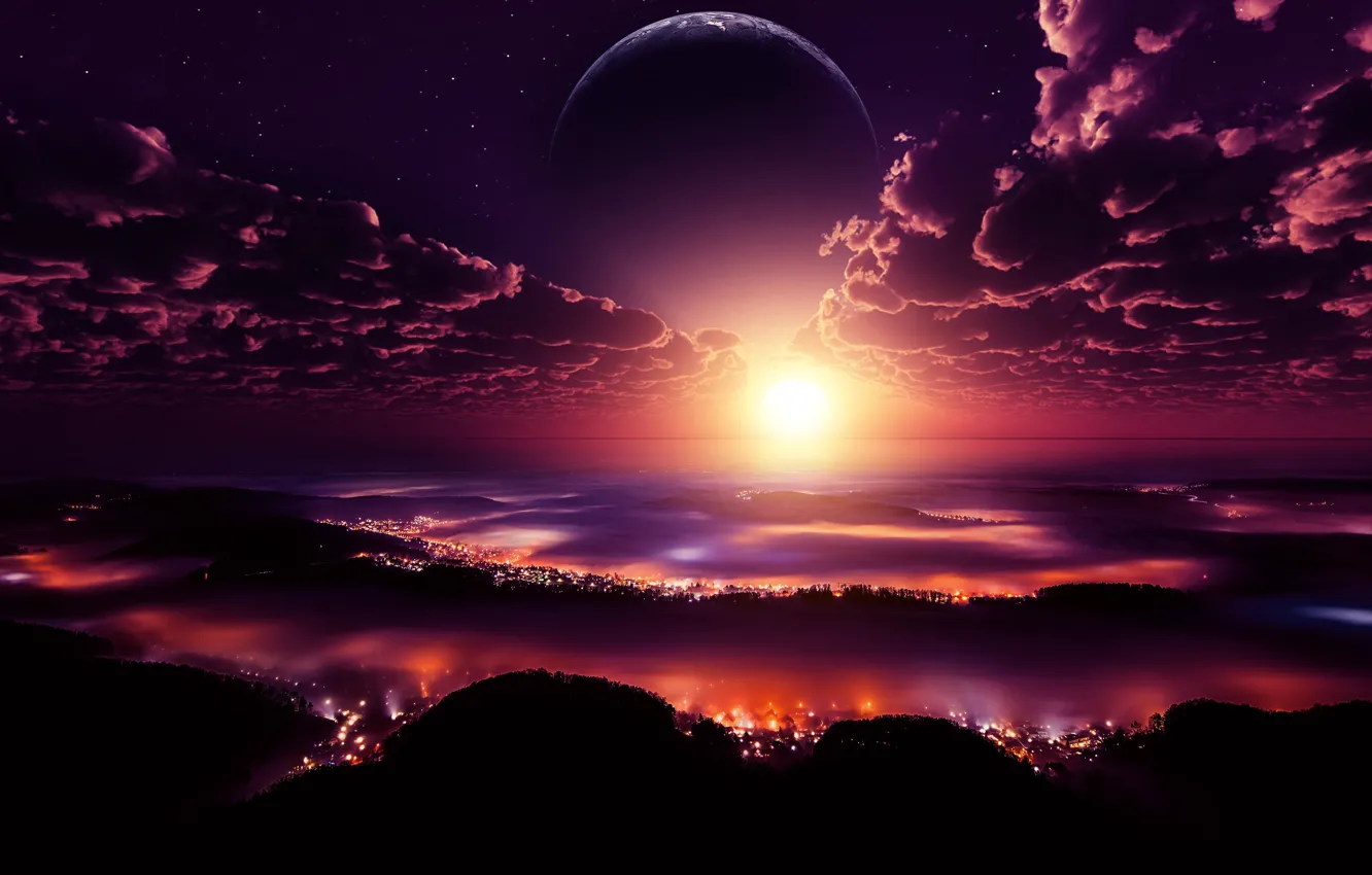 Photo wallpaper city, lights, space, sky, digital, landscape, sunset, clouds