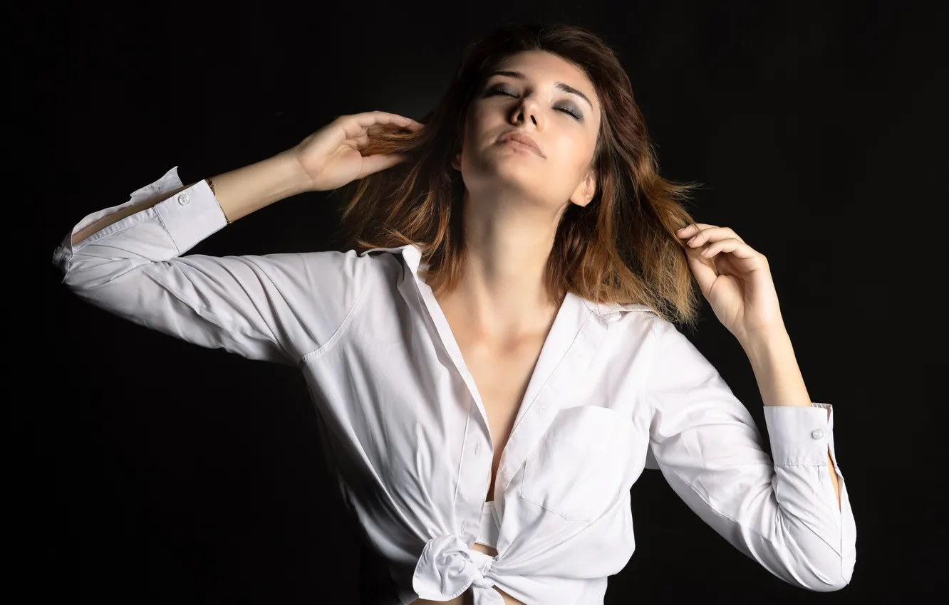 Photo wallpaper pose, shirt, the dark background, Rebecca