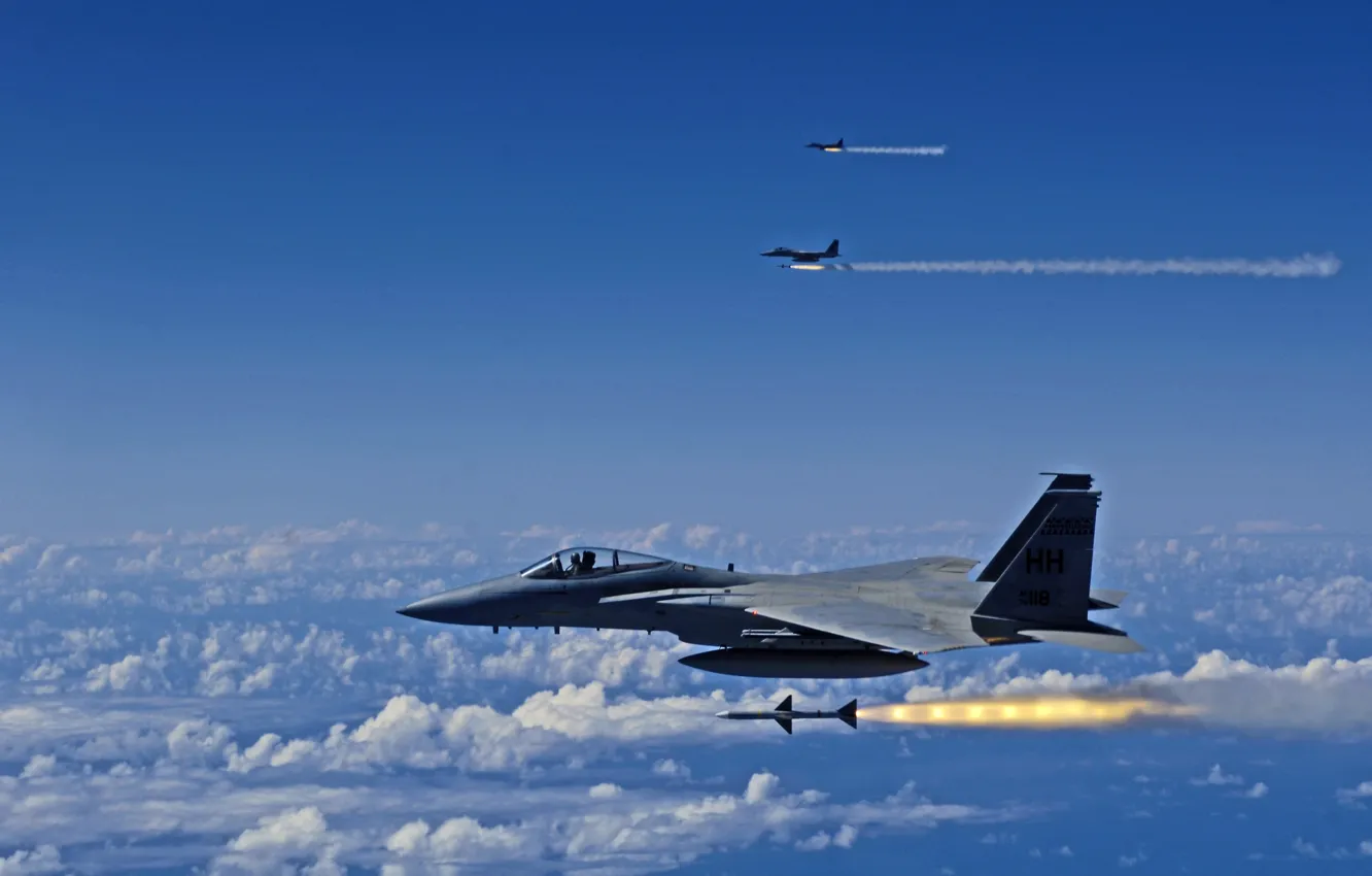Photo wallpaper the sky, clouds, flight, Wallpaper, attack, rocket, fighter, air