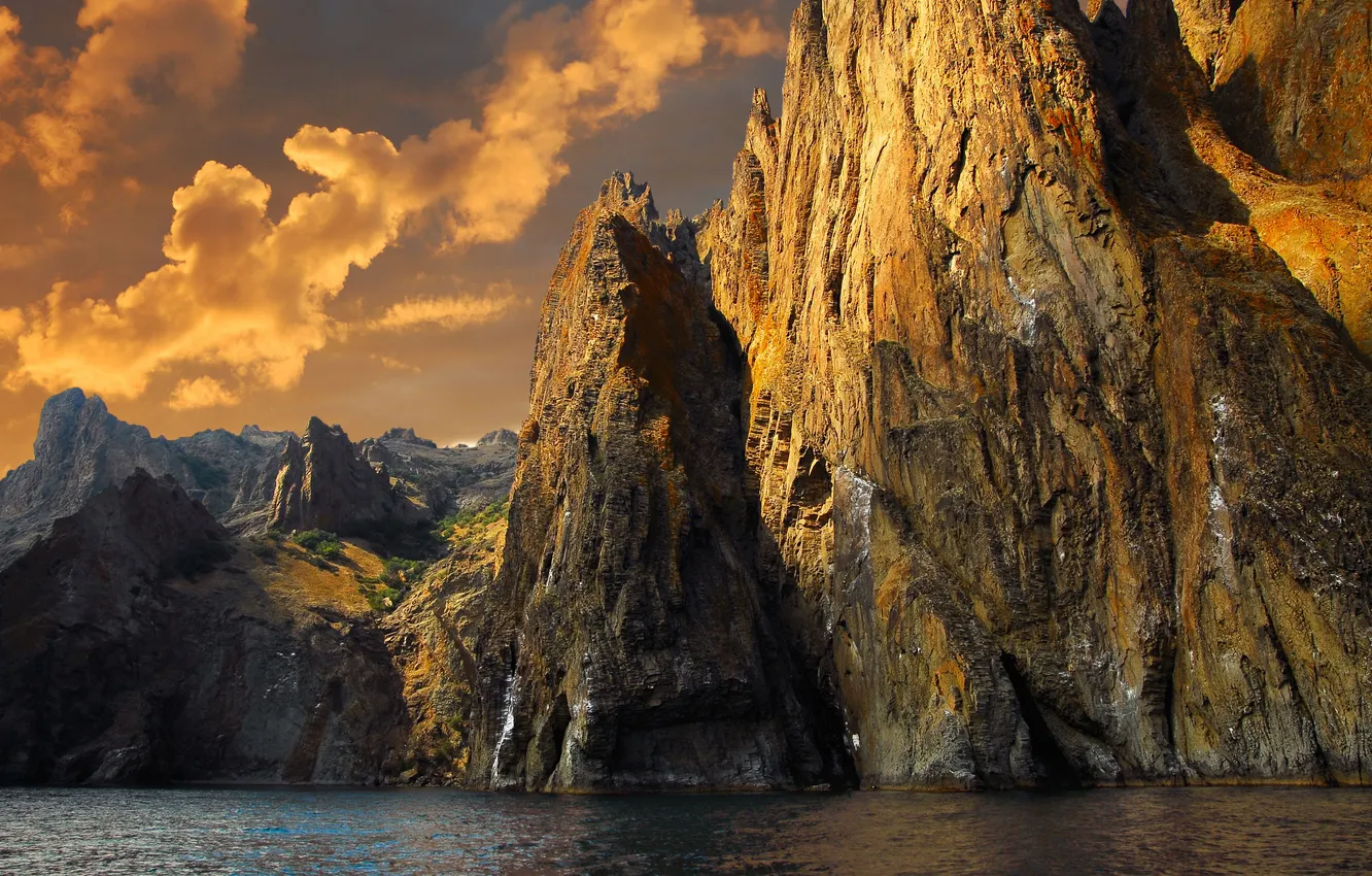 Photo wallpaper sea, the sky, clouds, landscape, sunset, mountains, nature, rocks