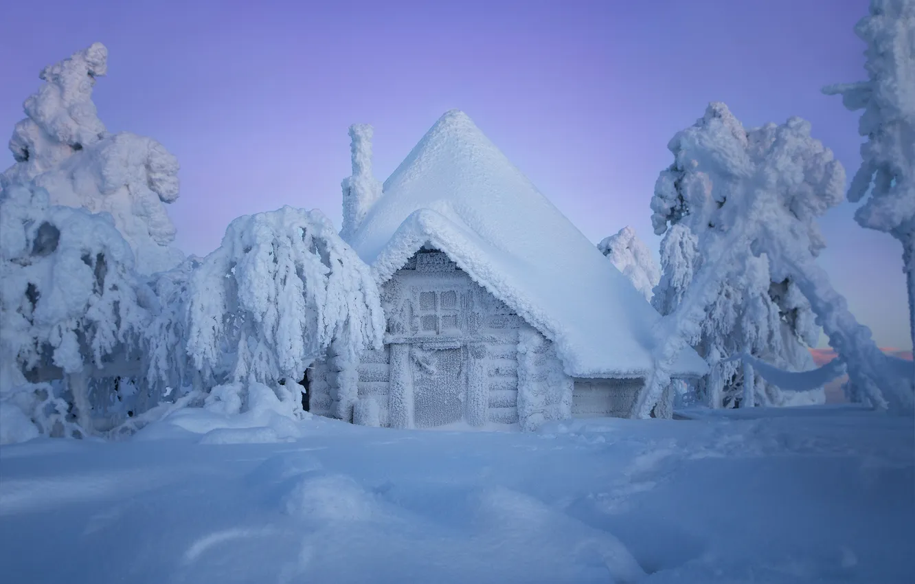 Photo wallpaper winter, snow, trees, hut, the snow, hut, Finland, Finland