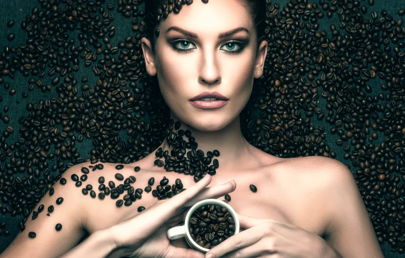 Photo wallpaper girl, coffee, Cup, grain, unground coffee