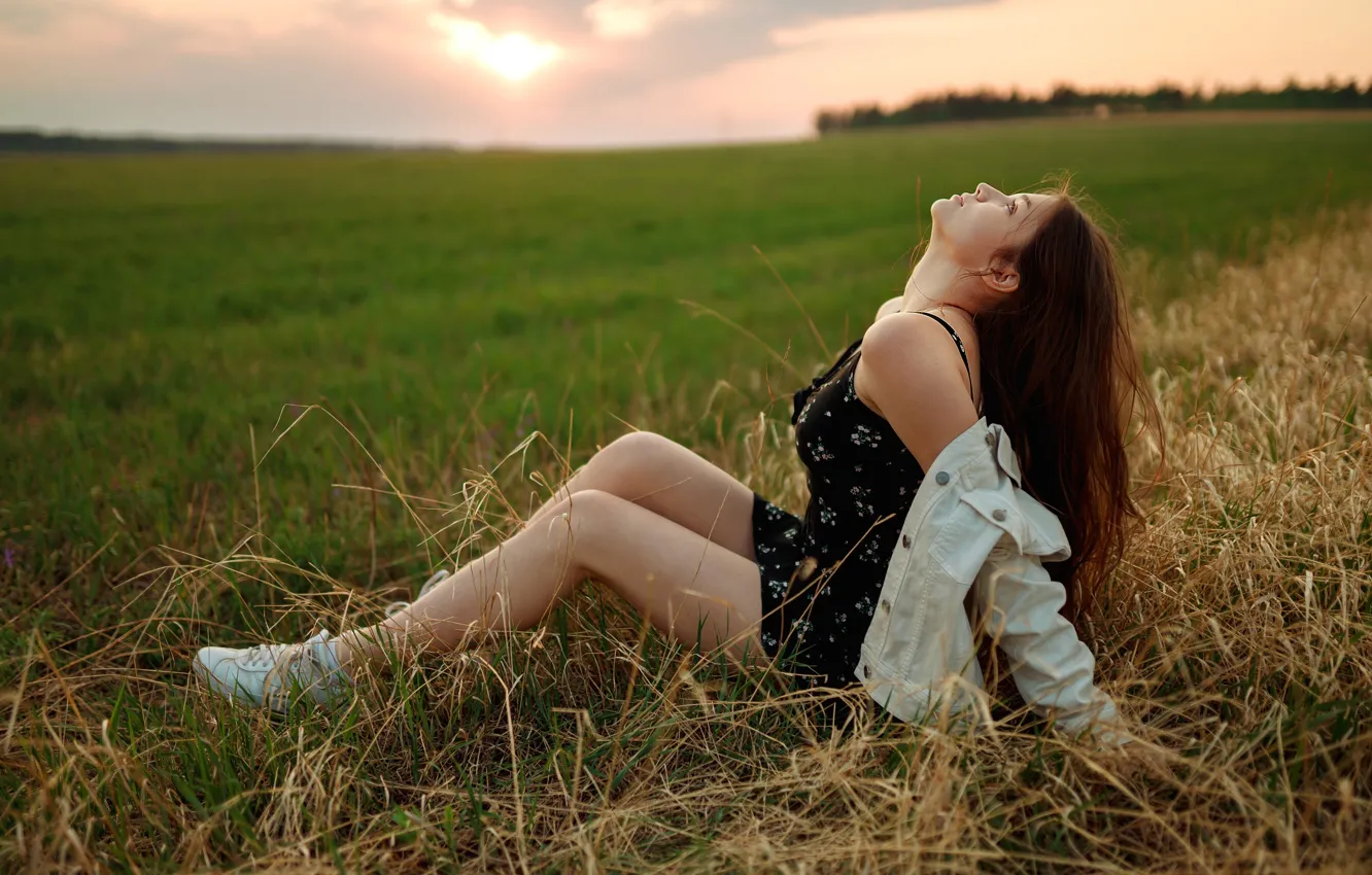 Photo wallpaper grass, sky, dress, field, nature, sunset, clouds, model
