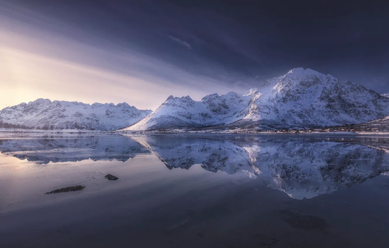 Photo wallpaper winter, the sky, clouds, light, snow, mountains, reflection, rocks