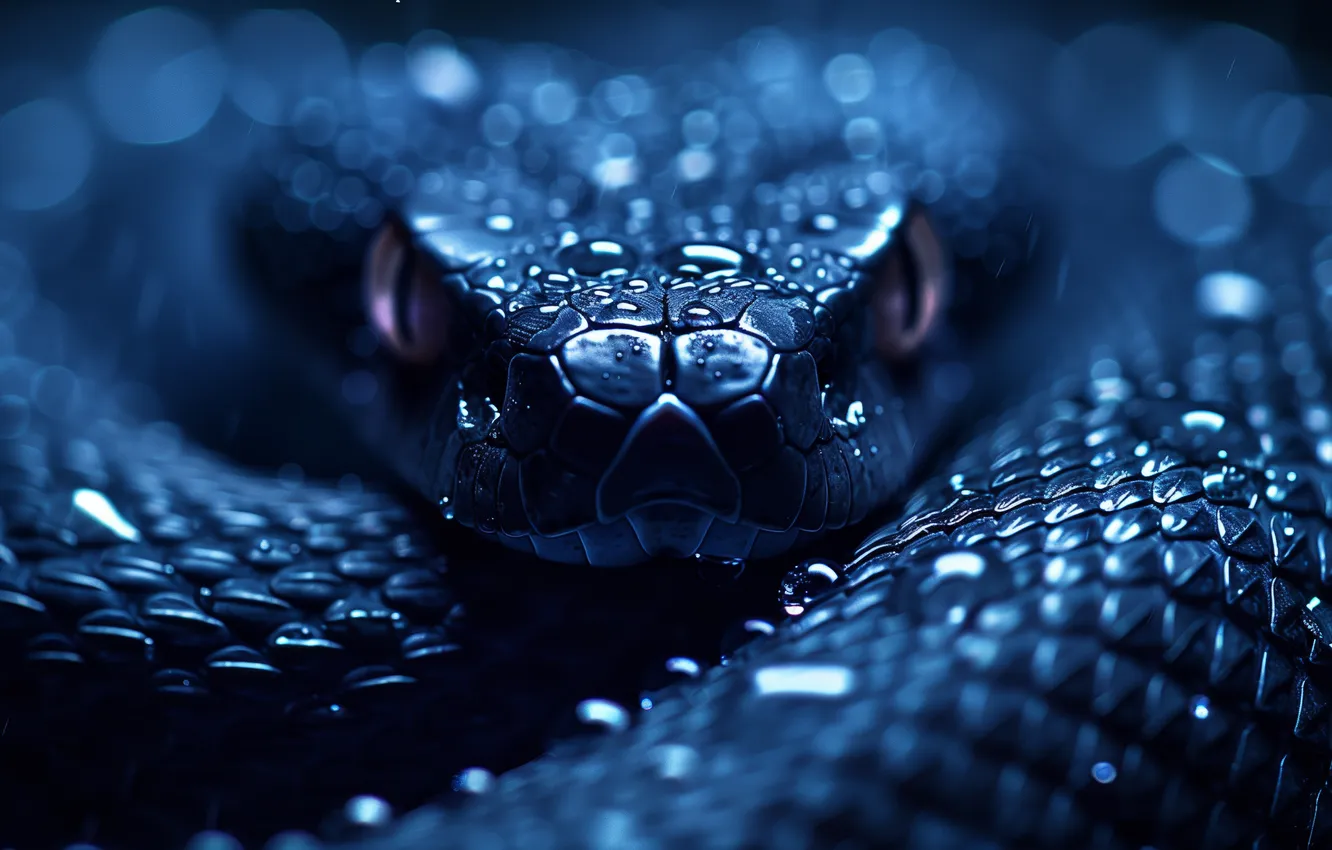 Photo wallpaper black, Snake, water drops, closeup, AI Art