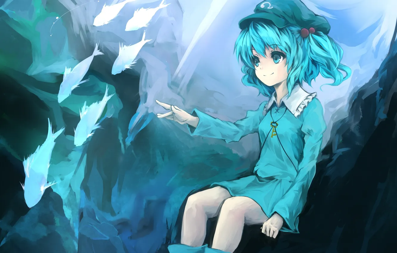 Photo wallpaper girl, smile, fish, art, cap, touhou, sitting, chagu