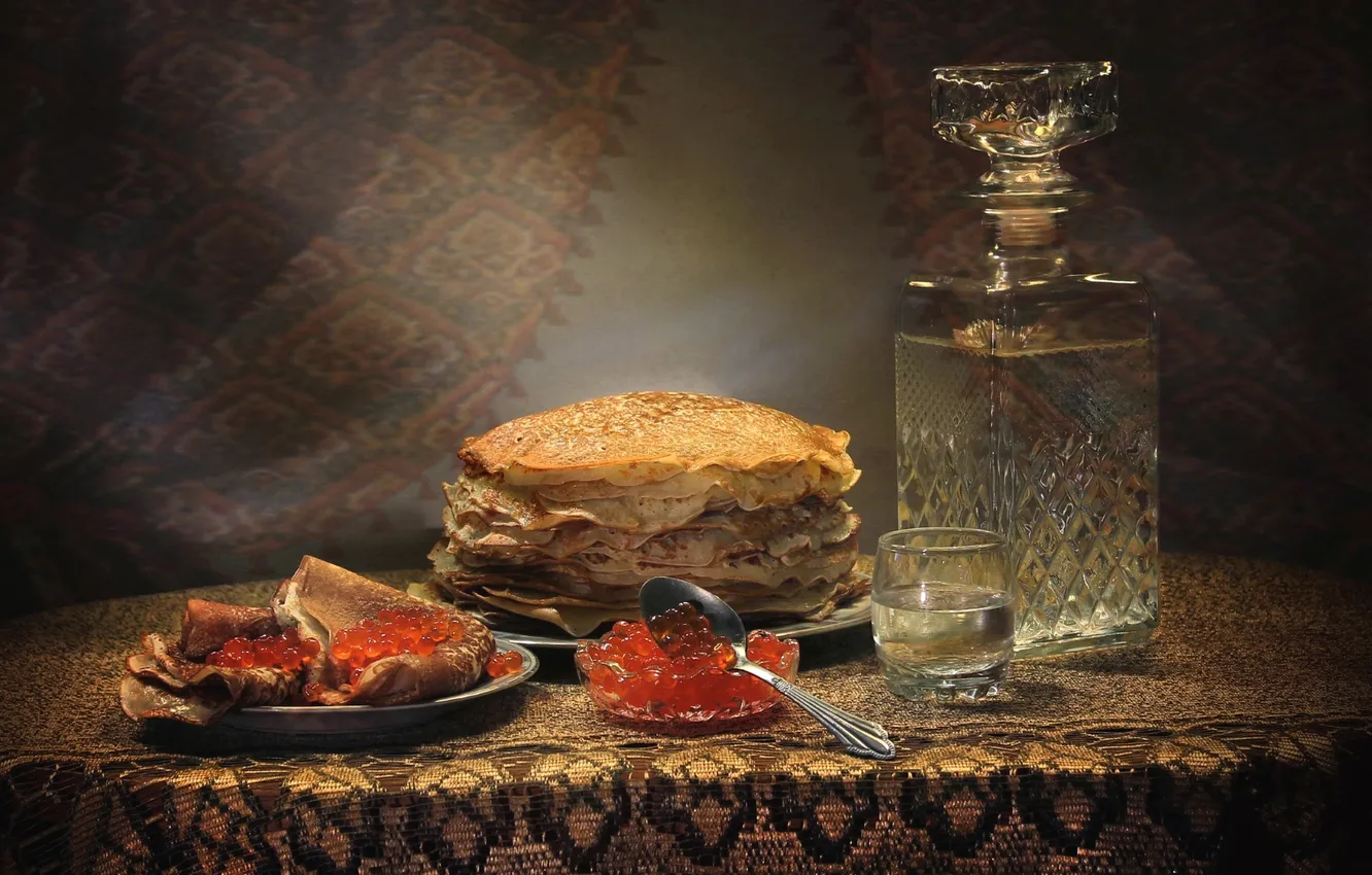Photo wallpaper vodka, pancakes, caviar, decanter