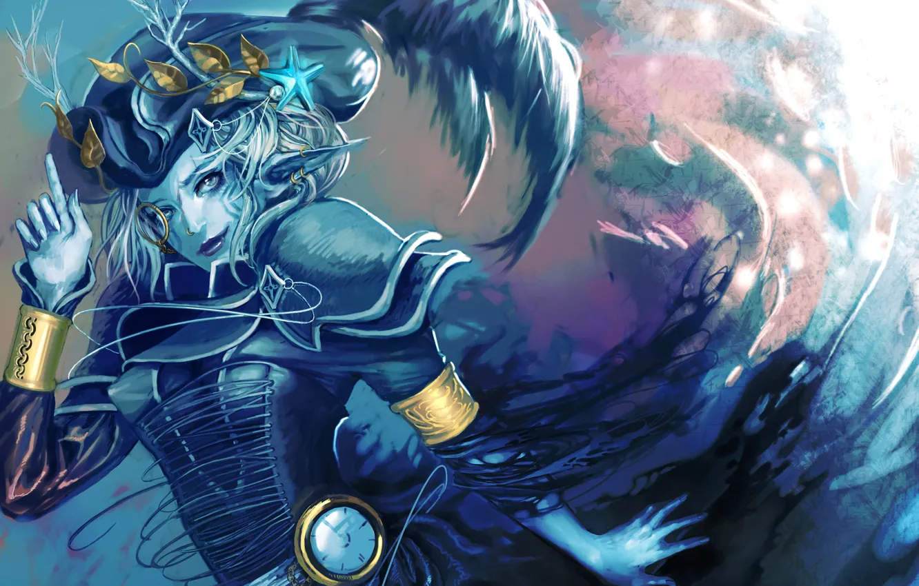 Photo wallpaper stars, elf, watch, hat, earrings, feathers, monocle