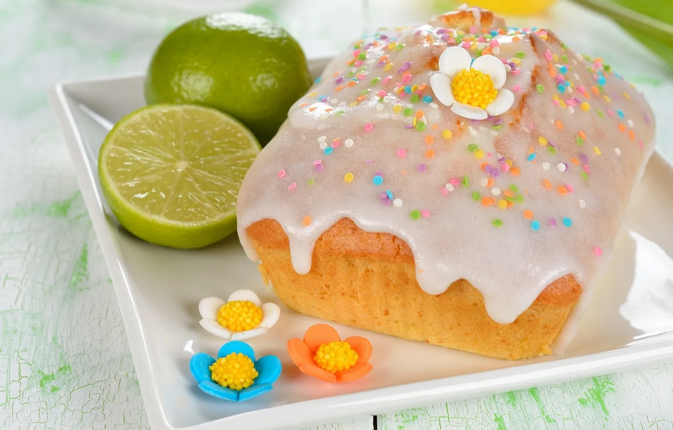Photo wallpaper holiday, food, plate, Easter, lime, citrus, fruit, muffin