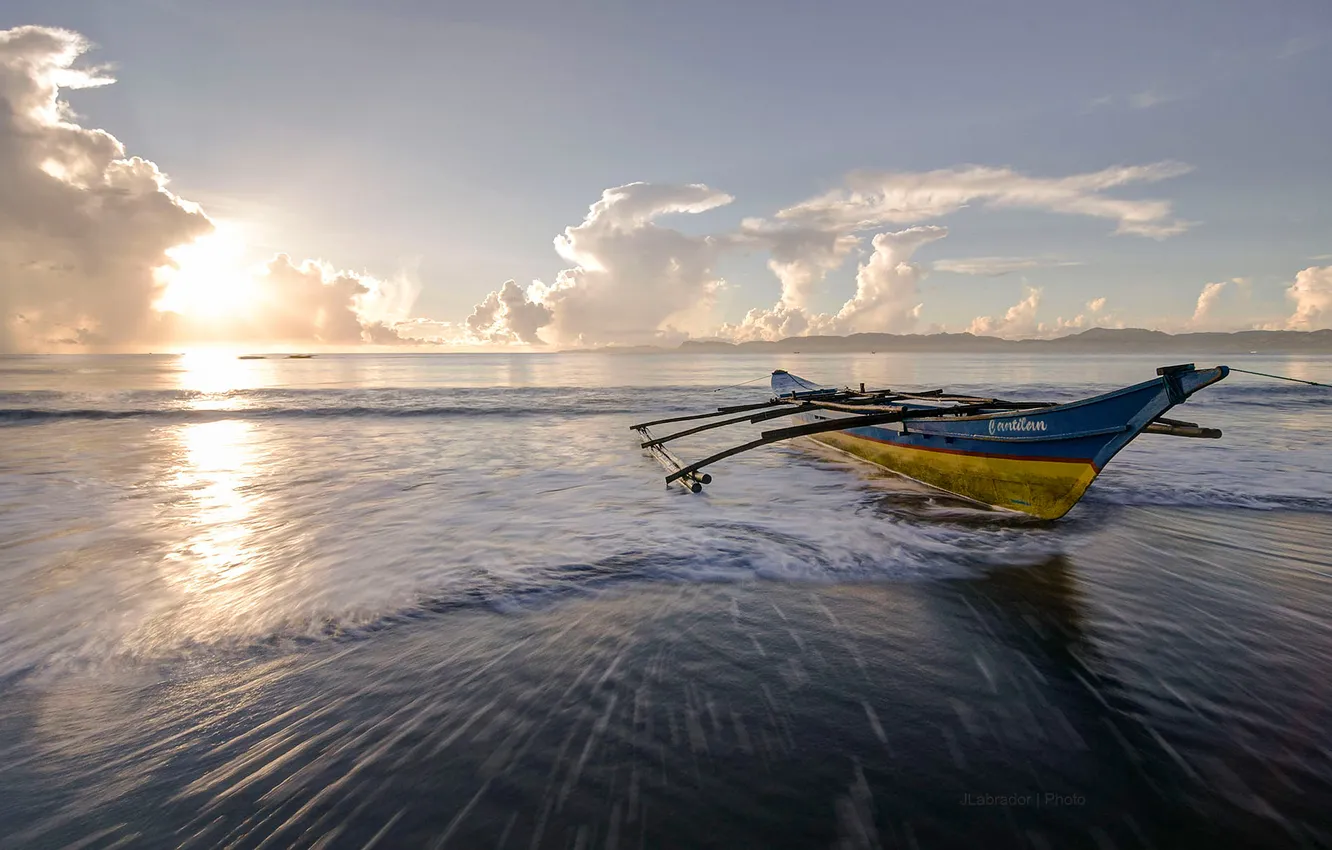 Photo wallpaper sea, the sky, clouds, sunset, boat