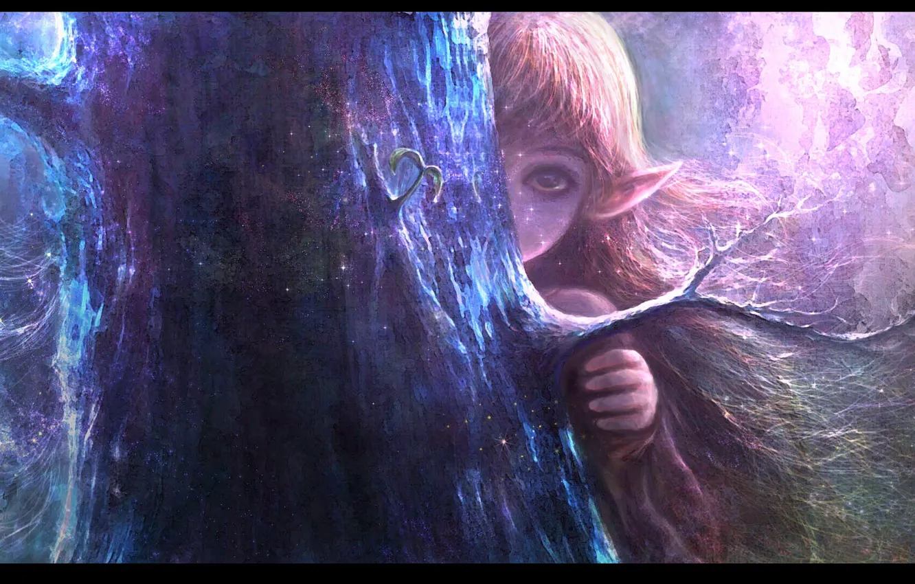 Photo wallpaper trees, branches, elf, hands, girl, trunk, hide and seek, ears