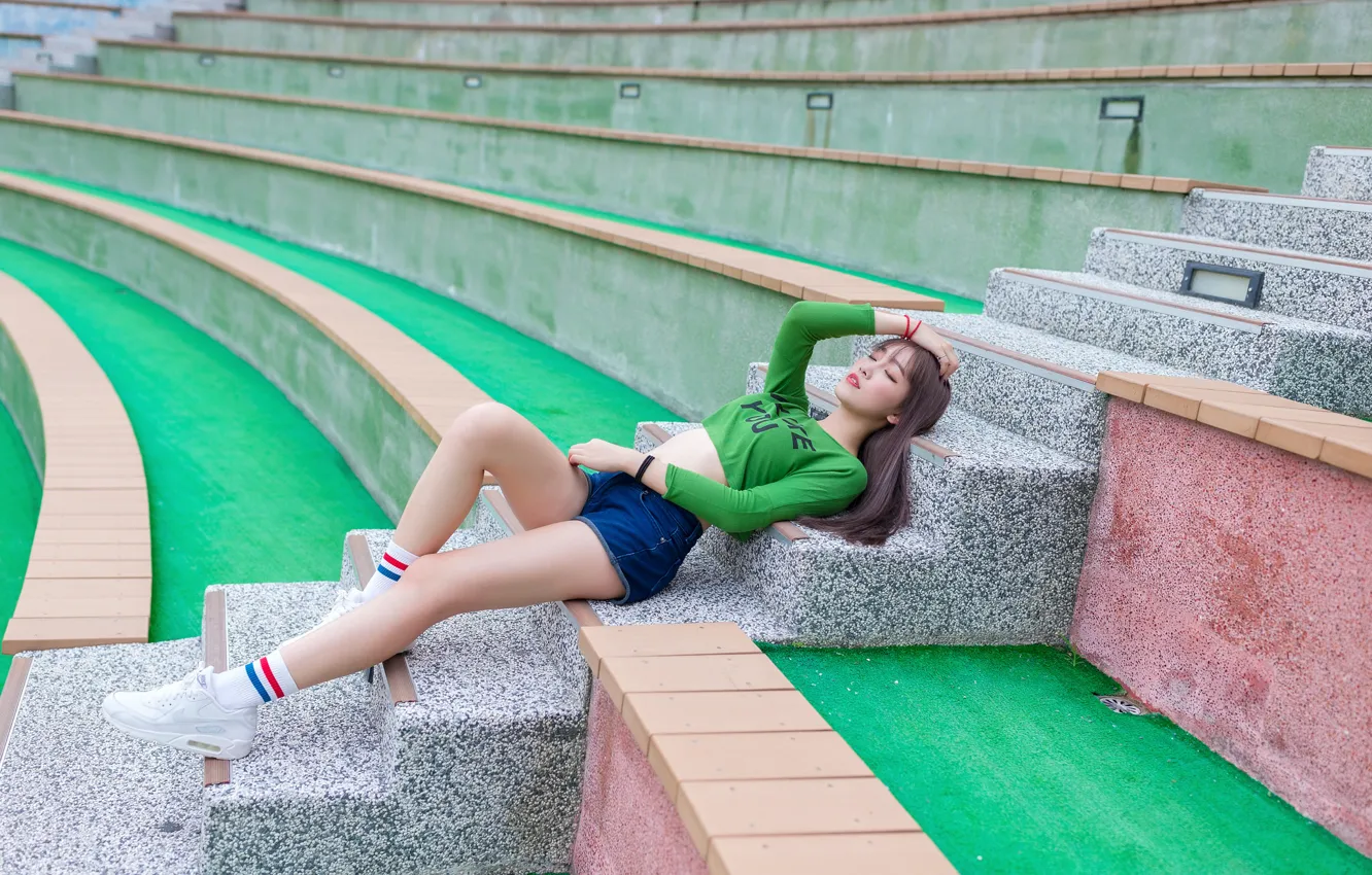 Photo wallpaper girl, lies, steps, legs, Asian, stadium