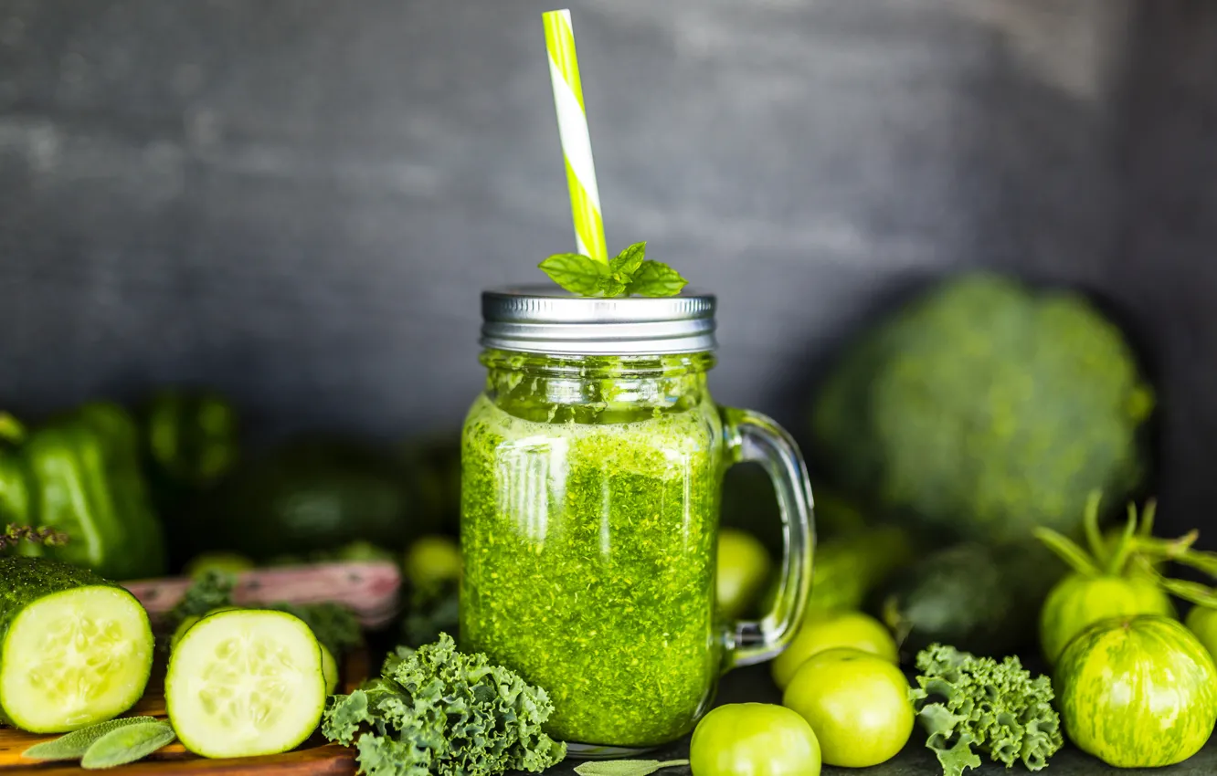 Photo wallpaper food, Bank, tube, drink, vegetables, mint, fresh, smoothies