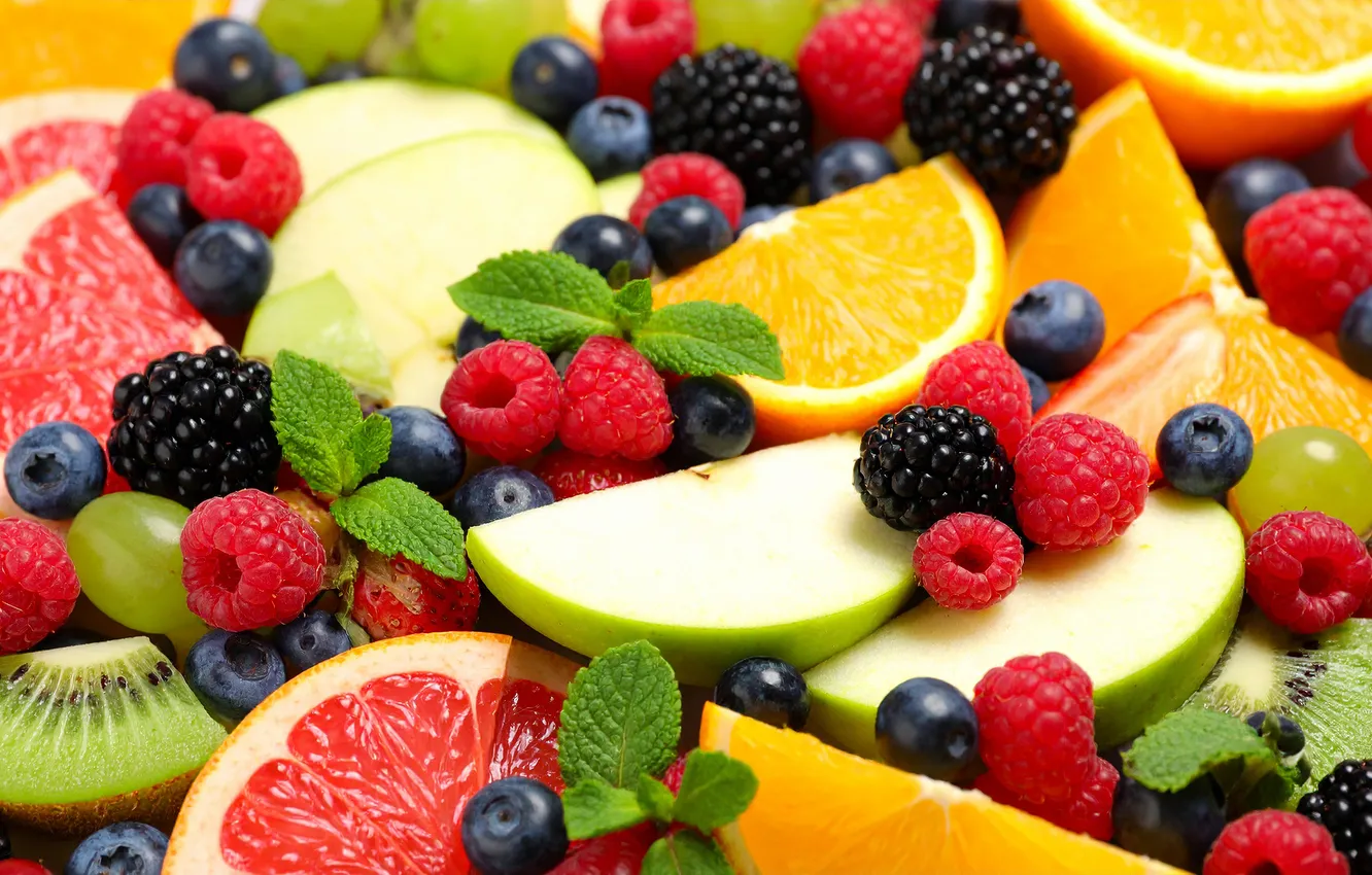 Photo wallpaper berries, raspberry, apples, orange, blueberries, citrus, fruit, leaves