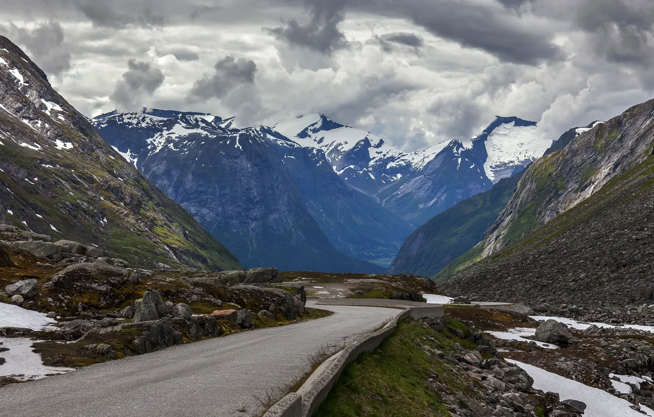 Photo wallpaper road, clouds, mountains, tops