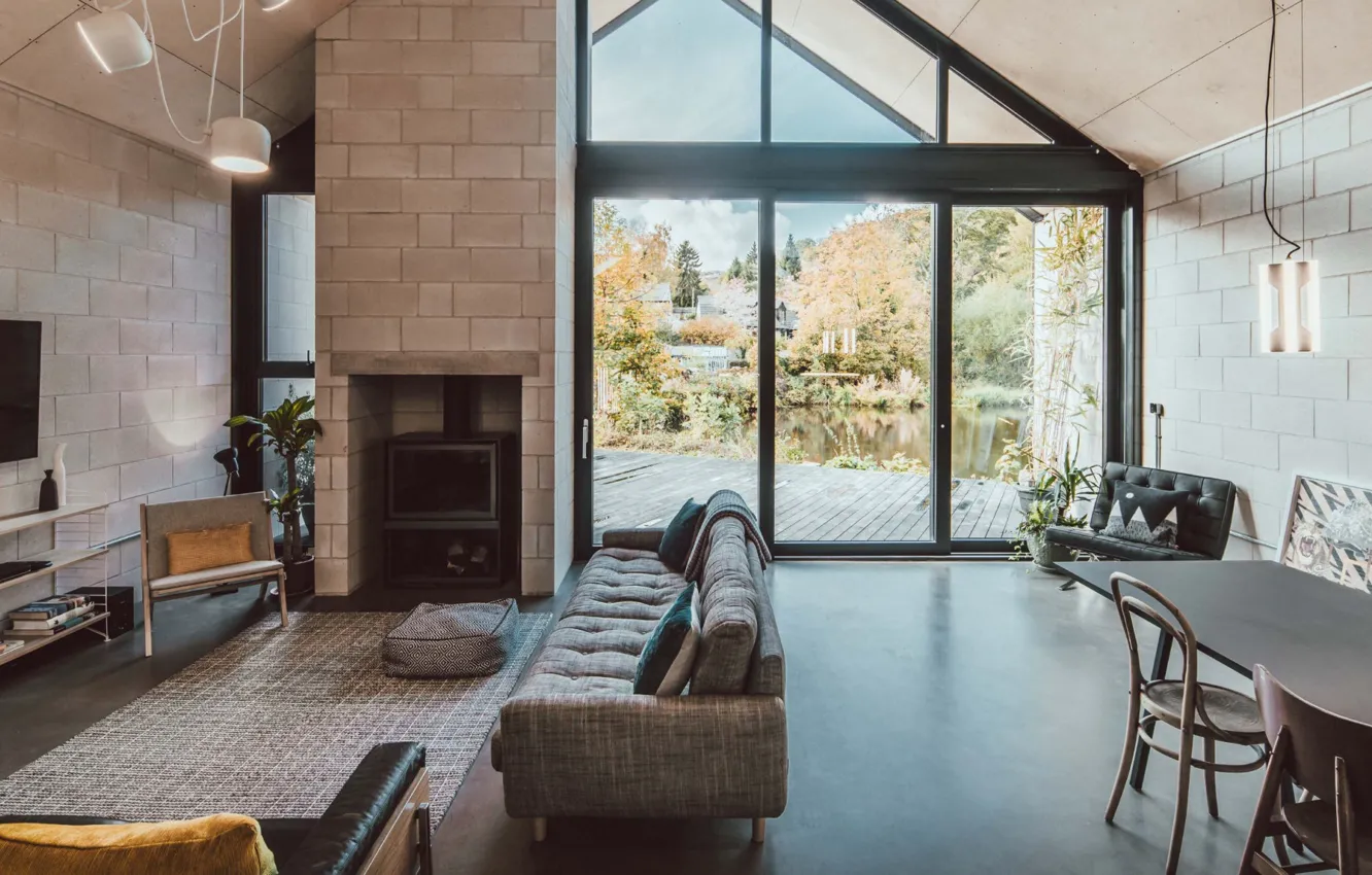 Photo wallpaper interior, fireplace, living room, dining room, country house, loft style, Modern design