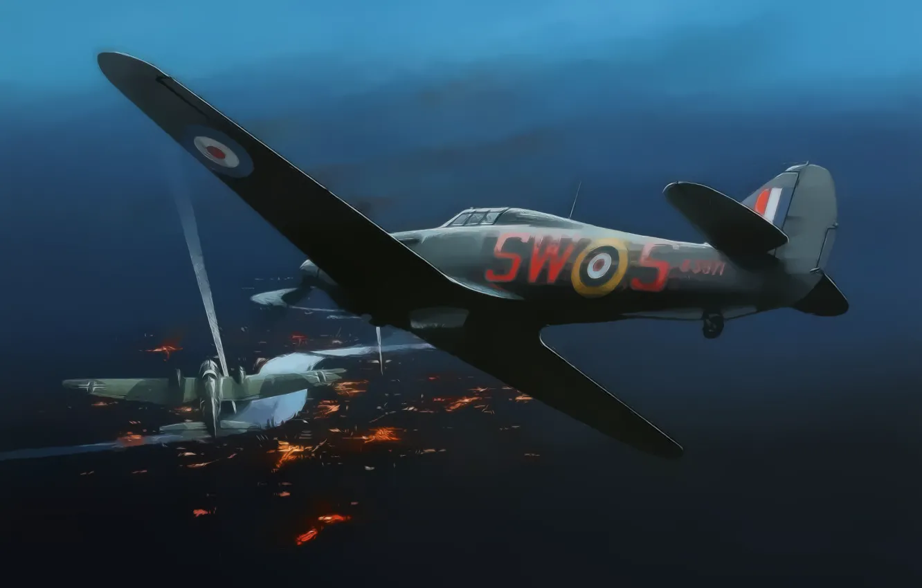Photo wallpaper war, art, painting, aviation, drawing, ww2, Hurricane Mk.IIC, Heinkel 111