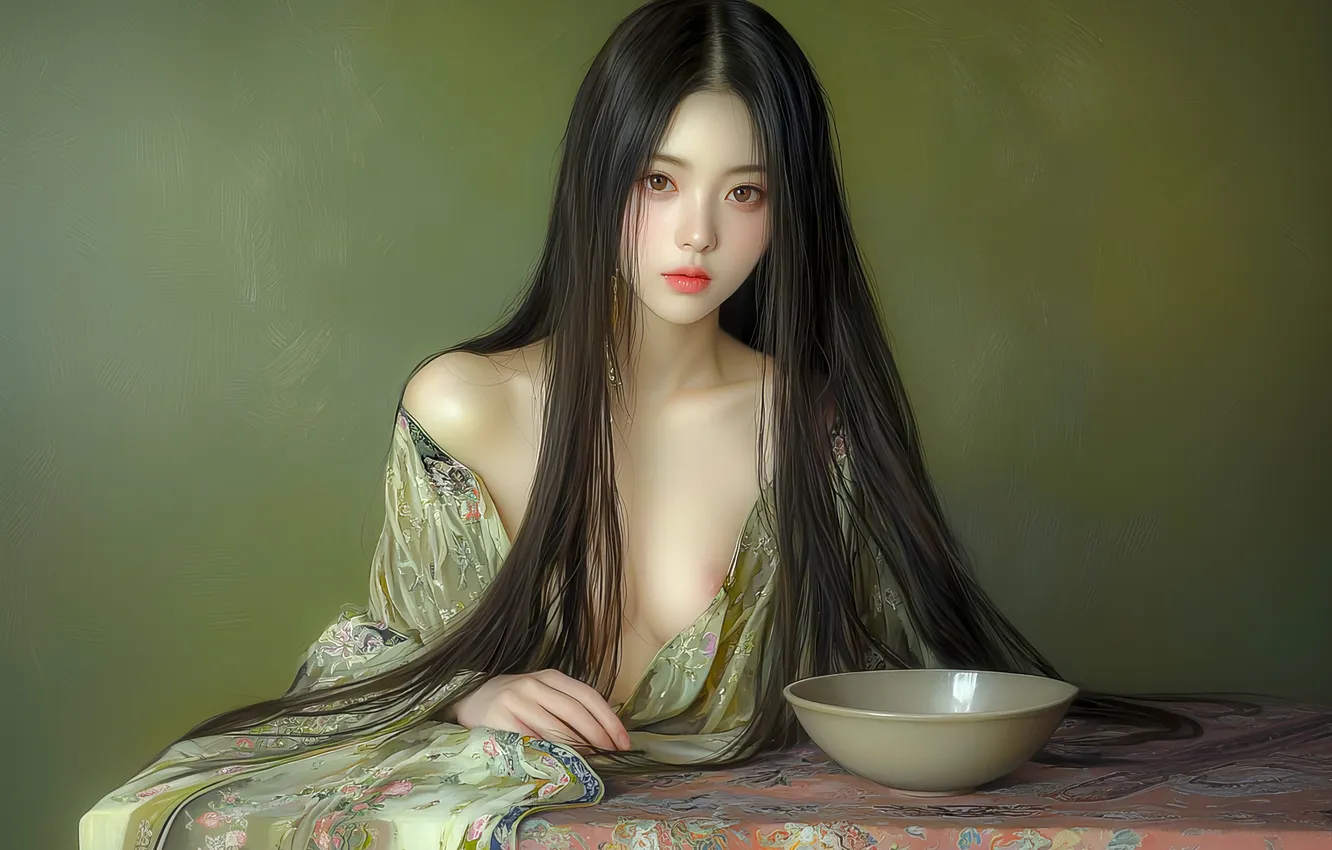 Photo wallpaper chest, girl, table, portrait, makeup, brunette, bowl, Asian