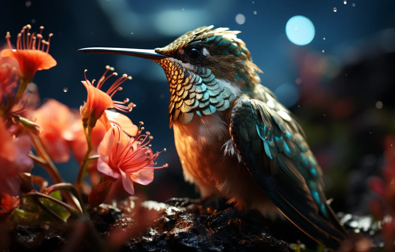 Photo wallpaper look, light, flowers, orange, the dark background, bird, Hummingbird, bird