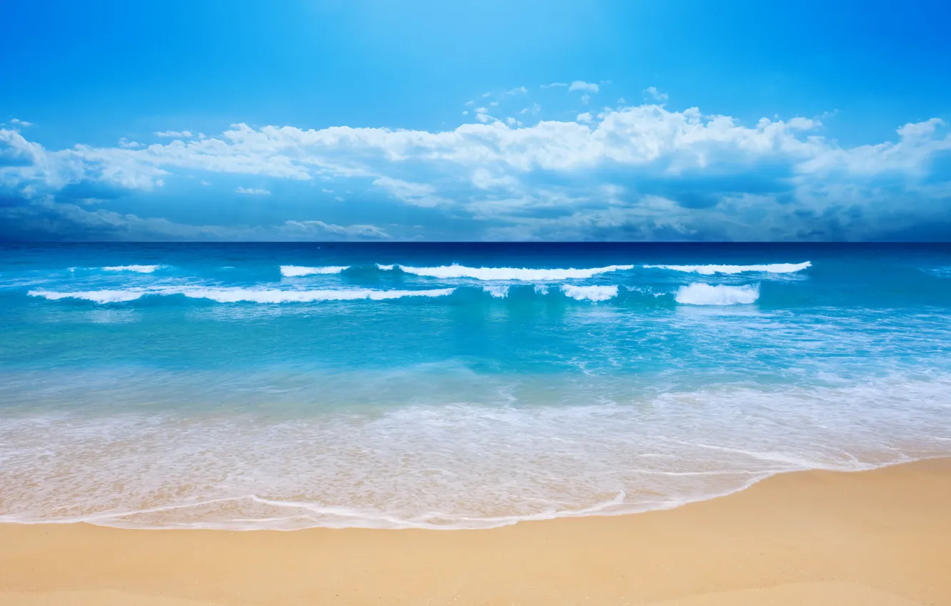 Photo wallpaper sand, sea, wave, beach, summer, the sky, clouds, blue