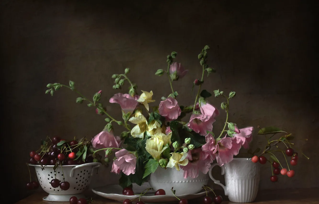 Photo wallpaper cherry, berries, table, food, bouquet, plate, mug, pink