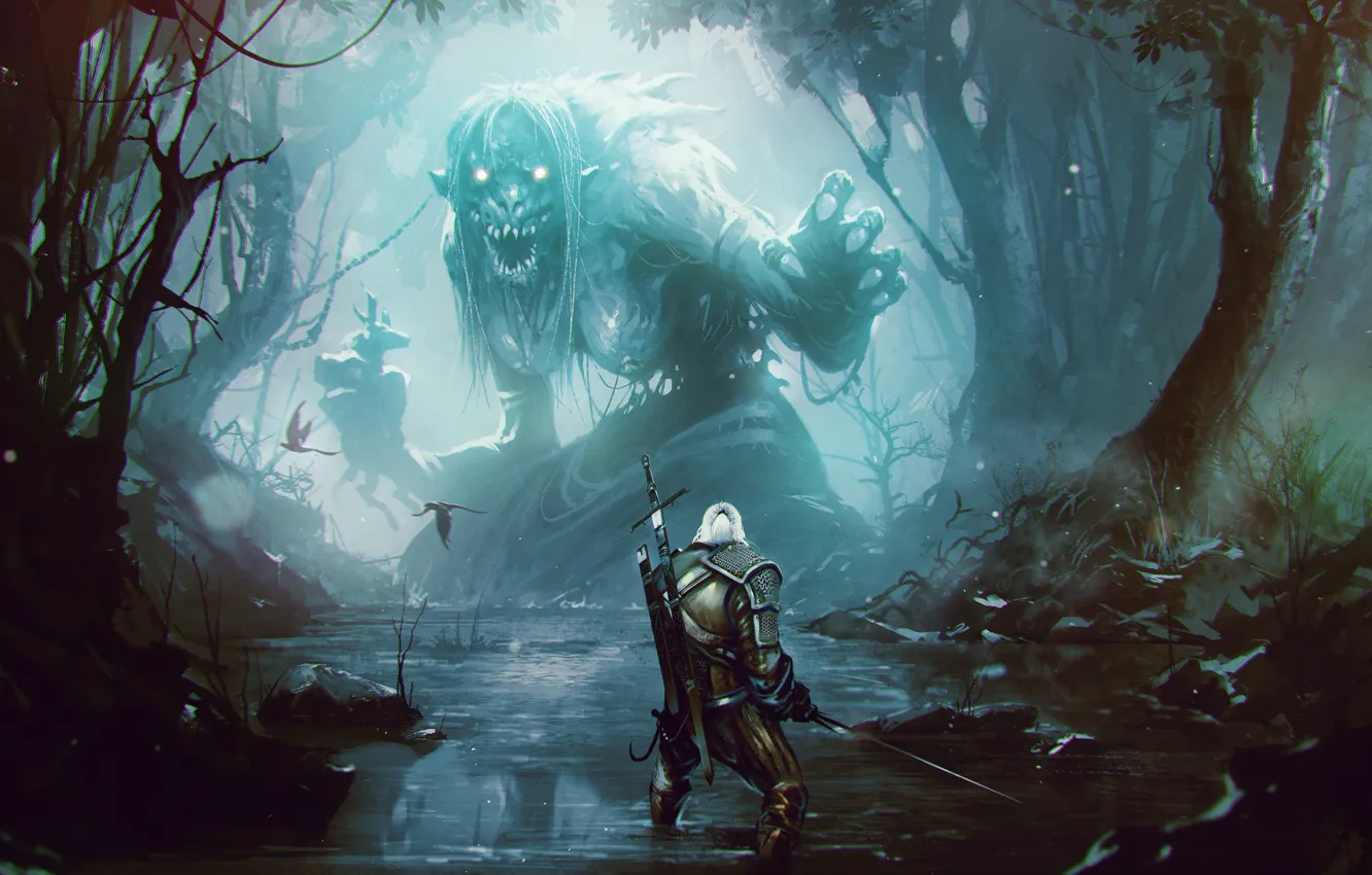 Photo wallpaper forest, night, fiction, monster, battle, the demon, warrior, fantasy