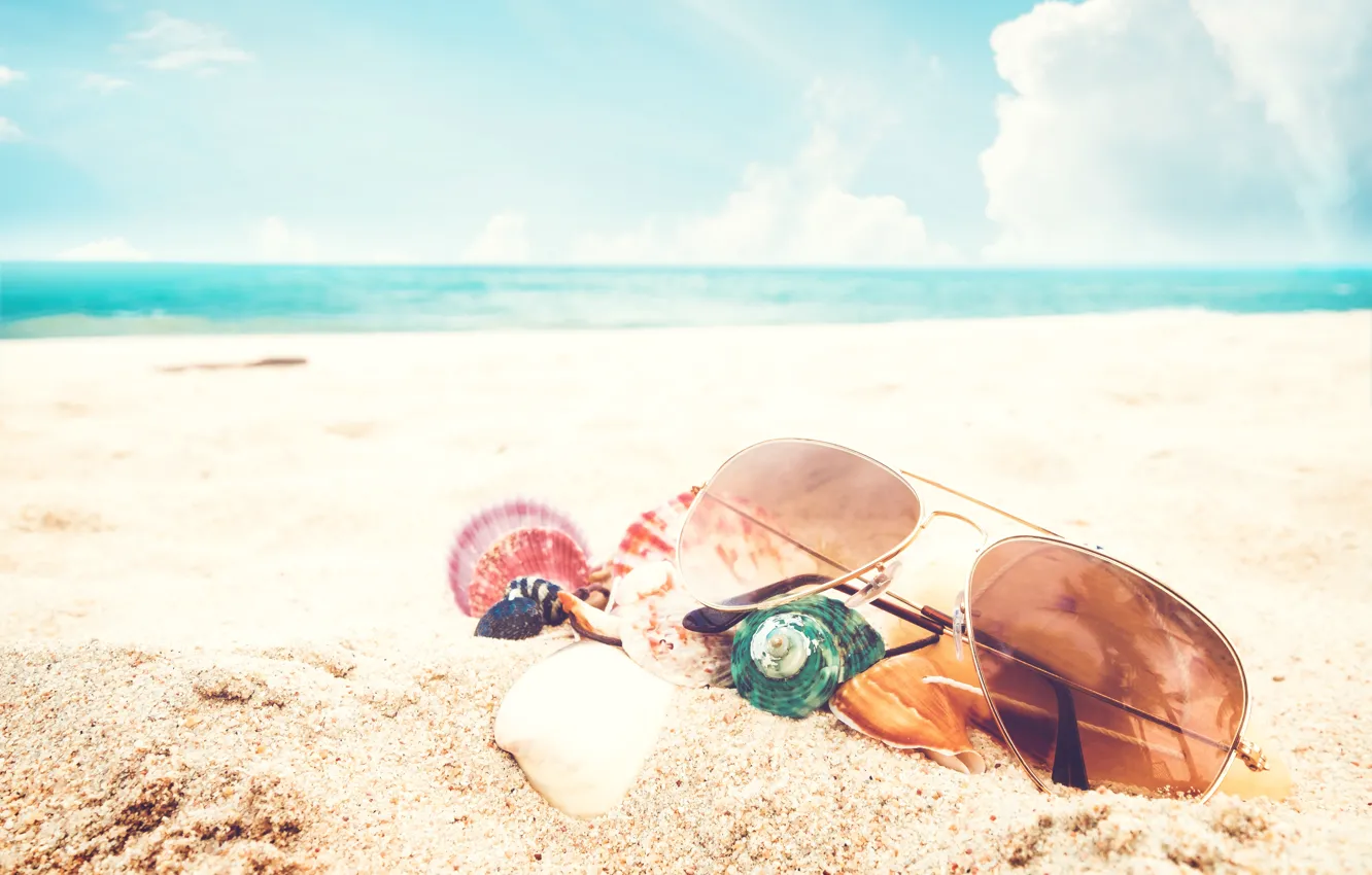 Photo wallpaper sand, sea, beach, summer, the sky, stay, glasses, shell