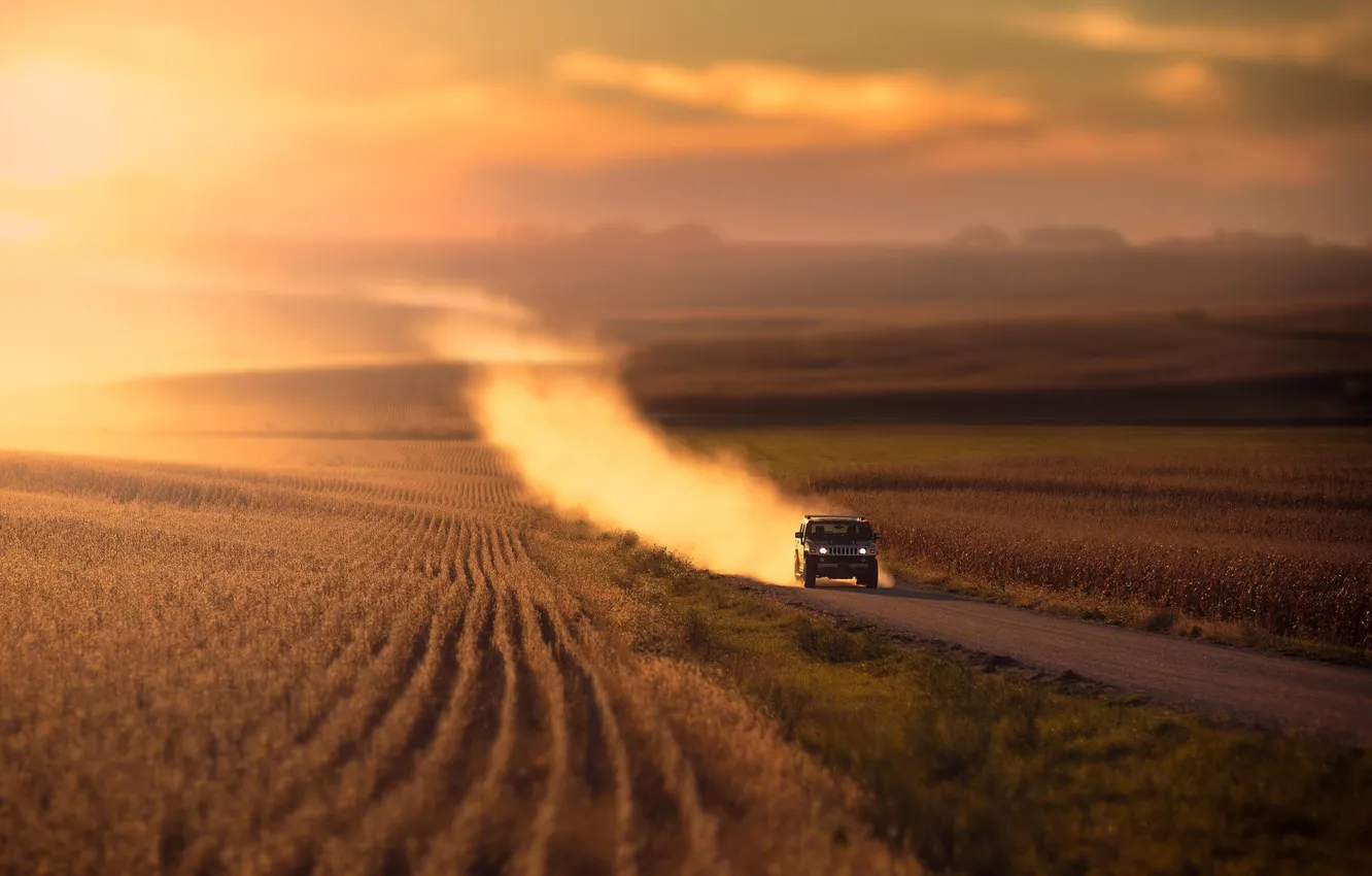 Photo wallpaper road, machine, grass, light, sunset, nature, Field, dust
