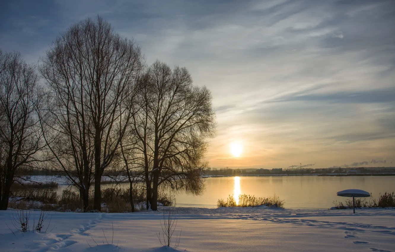 Photo wallpaper the sun, snow, lake, dawn