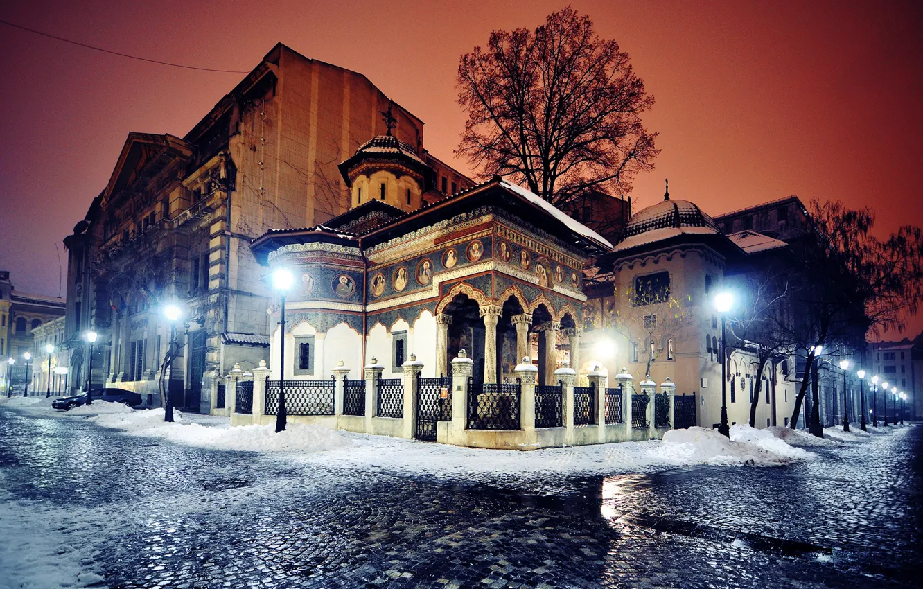 Photo wallpaper winter, snow, trees, night, lights, street, the fence, home