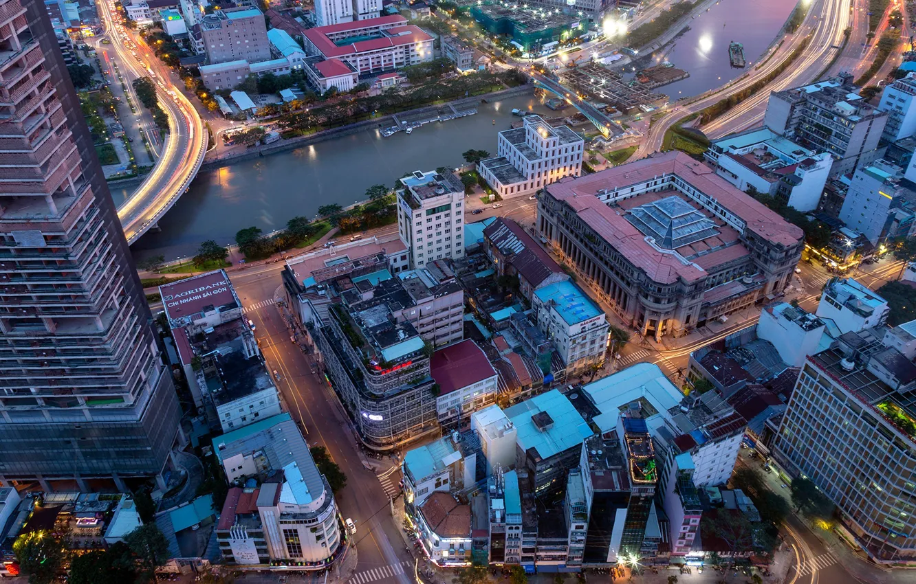 Photo wallpaper roof, lights, river, street, home, the evening, Vietnam, the view from the top