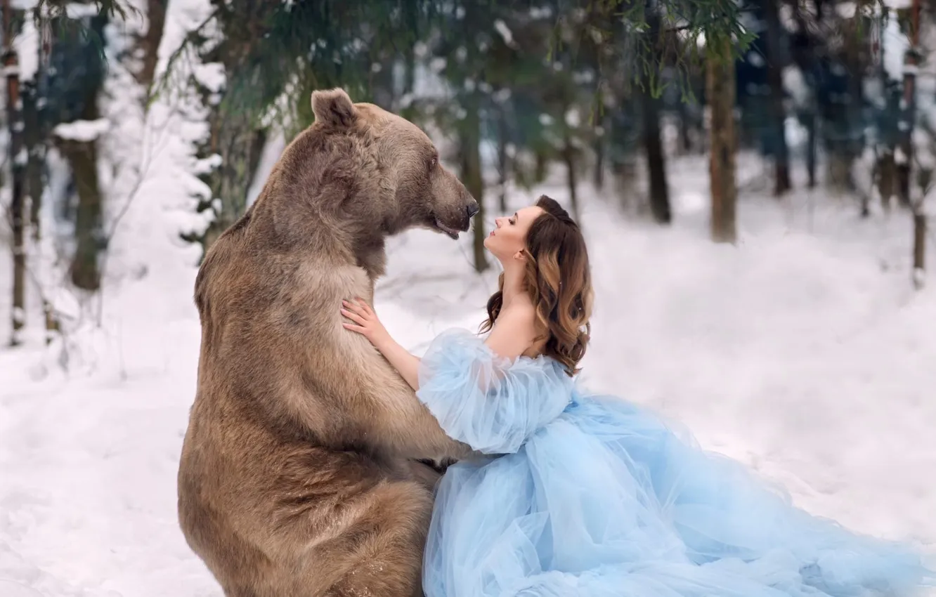 Photo wallpaper winter, forest, look, girl, snow, nature, pose, kiss