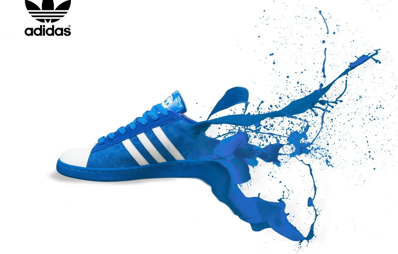 Photo wallpaper squirt, blue, paint, color, white background, Adidas, sneakers, Adidas