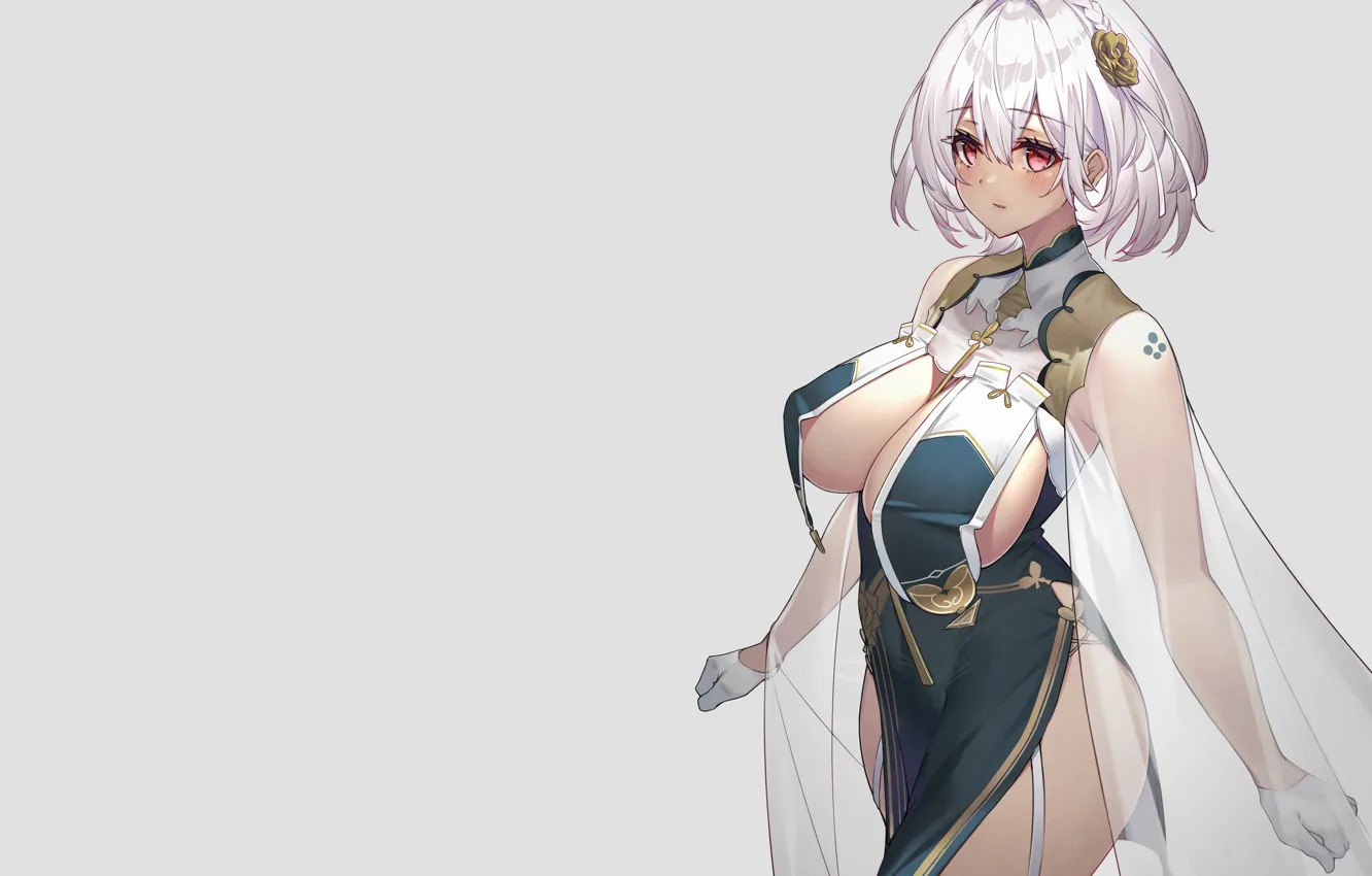 Photo wallpaper girl, sexy, cleavage, dress, boobs, anime, beautiful, red eyes