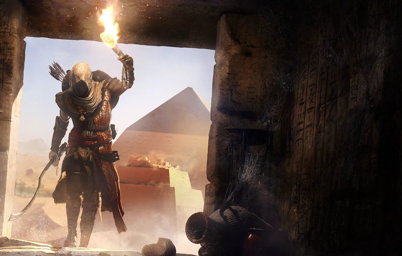 Photo wallpaper pyramid, Egypt, torch, the crypt, assassin, Assassin's Creed, Assassin's Creed Origins