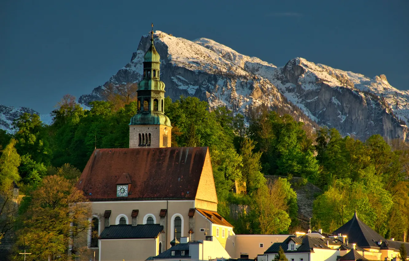 Photo wallpaper landscape, mountains, nature, Austria, Church, Salzburg, Under the mountain
