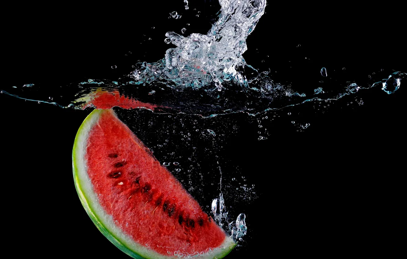 Photo wallpaper water, squirt, bubbles, watermelon, black background, slice