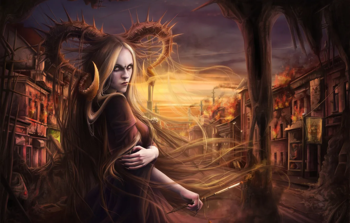 Photo wallpaper girl, the city, lights, the demon, art, spikes, destruction, horns